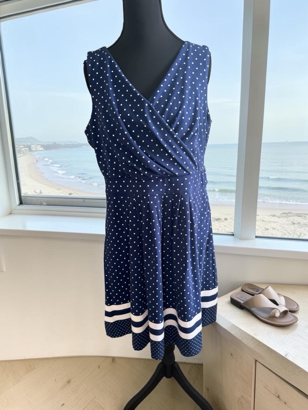 Lands' End Navy and White Polka Dot Sleeveless Wrap Dress